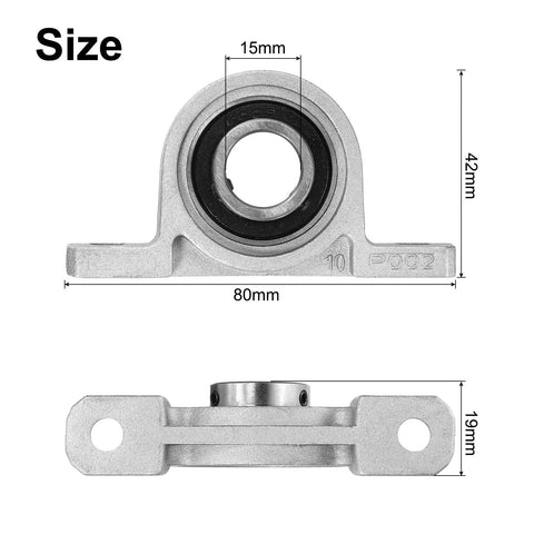 2 Pack KP002 Pillow Block Bearings, 15mm Bore, Zinc Alloy Flange Mounted Housing, ABEC 3 P6 Precision, Durable Rust Resistant, Smooth Shaft Support and Easy Mounting size diagram
