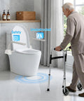 Toilet Safety Rails For Seniors Featuring Sturdy Grab Bars And No Sweat Install For Handicap Bathroom Aid And Reliable Standing Support Without Any Fuss Or Delay beside a senior using a walker.