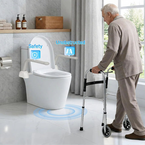 Toilet Safety Rails For Seniors Featuring Sturdy Grab Bars And No Sweat Install For Handicap Bathroom Aid And Reliable Standing Support Without Any Fuss Or Delay beside a senior using a walker.