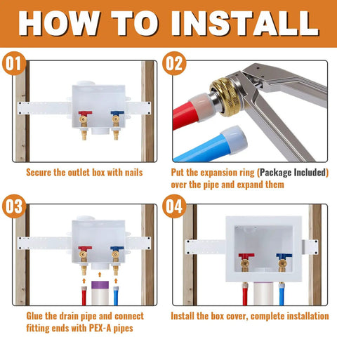Washer Box With Pex A Expansion Inlet One Half Inch To Three Quarters Inch MHT Outlet Brass Valves Installed And Four Expansion Rings For Easy Hookup To Your Washing Machine And Laundry Piping, installation steps