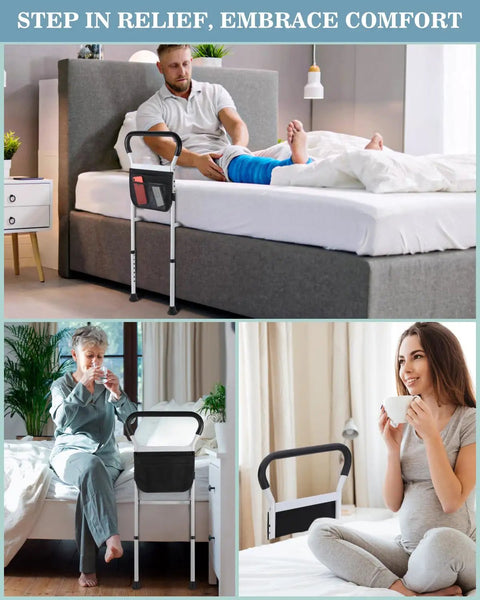 Adjustable Bed Rail For Seniors With No Tool Assembly And Sturdy Support Legs shown with seniors and adults in home setting