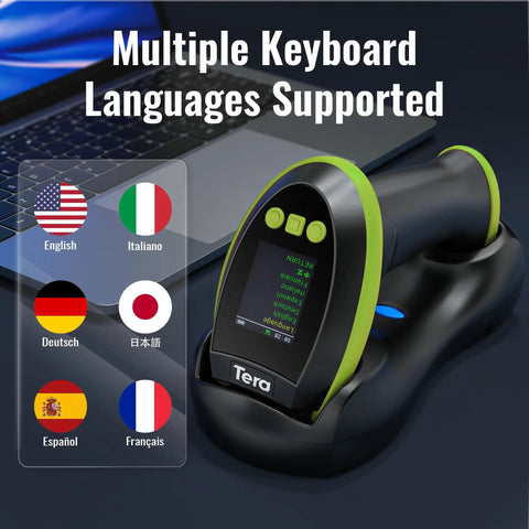Wireless Barcode Scanner With Screen Pro Edition 1D 2D QR Scanner with multi-language display on charging cradle.