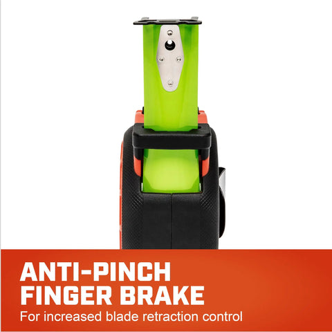ControlTouch Nite Eye Tape Measure With Anti Pinch Lock and 360 Degree End Hook, showing anti-pinch finger brake feature