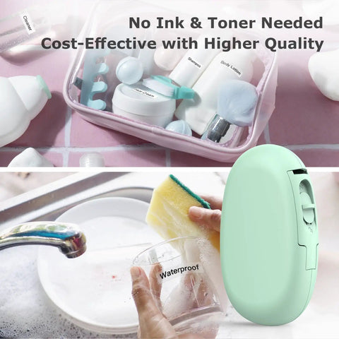 Image of a Slick Wireless Bluetooth Label Maker Machine With Three Self Adhesive Tapes And Portable Green Thermal Printer Kit.