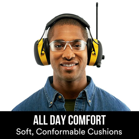 Person wearing WorkTunes AM FM Hearing Protector With Built In Mic And High Fidelity Speakers, NRR 24 dB, Radio Ear Muffs visible