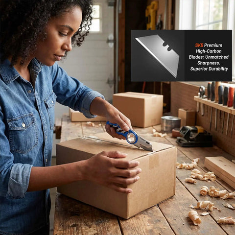 Folding Utility Knife Pocket Knife Heavy Duty Box Cutter With Aluminum Body Quick Change Blades Anti Slip Finger Loop Durable Razor Knife For Home Office And Warehouse Tackle Tough Jobs With Ease, cutting a cardboard box