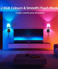 Set Of 2 Battery Powered Wall Sconces No Wiring Needed With Black Fabric Shade Remote Control Dimmable RGB Color Changing Wall Lamp For Bedroom Living Room Hallway 20 Inches Tall showcased with blue and pink lighting in a modern living room.