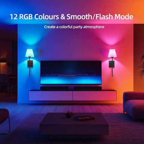 Set Of 2 Battery Powered Wall Sconces No Wiring Needed With Black Fabric Shade Remote Control Dimmable RGB Color Changing Wall Lamp For Bedroom Living Room Hallway 20 Inches Tall showcased with blue and pink lighting in a modern living room.