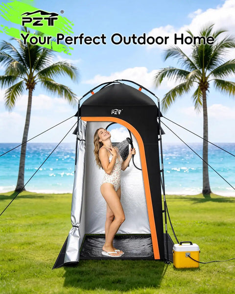 Go To Portable Shower Tent With Mesh Floor Carry Bag Easy Setup Lightweight Privacy Changing Room For Camping Hiking Fishing And Beach Trips Outdoors Now in use by a person on a beach.