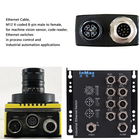 M12 X Code 8 Pin To RJ45 Ethernet Cable Cat7e For Cognex In Sight DataMan Vision Sensors Basler Microscan, connectors display