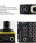 M12 Ethernet 8 Pin X Code To RJ45 CAT 7e GigE Cable For Basler Cognex Vision Cameras Sensors And Barcode Readers In Industrial Automation PLC Routers Switches 1 Meter Long, shown with connectors and industrial switch.