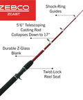 Telescopic Casting Rod Extends From 17 Inches To 5 Feet 6 Inches For Easy On The Go Storage, Durable Z Glass Build with labels.