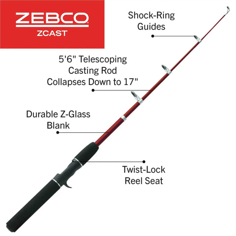 Telescopic Casting Rod Extends From 17 Inches To 5 Feet 6 Inches For Easy On The Go Storage, Durable Z Glass Build with labels.