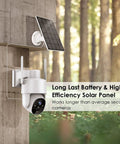 Wireless Solar Outdoor Security Camera With Pan Tilt, 3MP Color Night Vision mounted on wall with solar panel in forest background