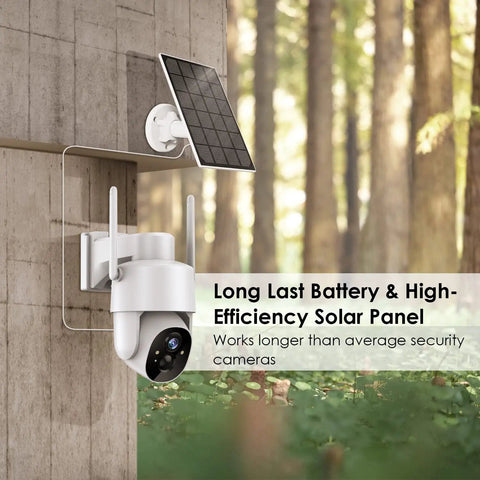 Wireless Solar Outdoor Security Camera With Pan Tilt, 3MP Color Night Vision mounted on wall with solar panel in forest background