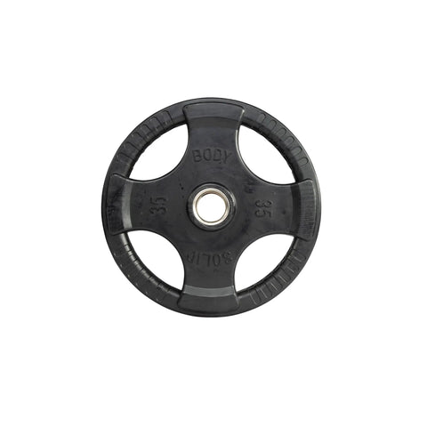 Heavy Duty Rubber Coated Olympic Weight Plate With Anti Slip Grip For Barbell Squats Deadlifts And Intense Home Gym Workouts Durable Thirty Five Pound Strength Training Gear For Dedicated Athletes viewed from above.