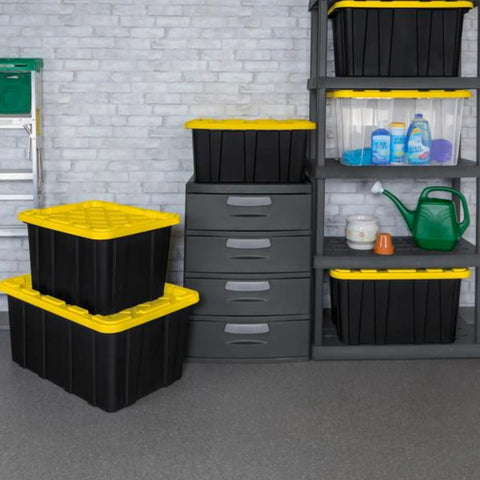 4 Pack 27 Gallon Heavy Duty Industrial Storage Tote With Lids in garage setting, black and yellow stackable bins on shelves