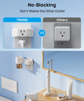 Comparison of Angled Three Way Wall Outlet Extender Super Handy Power Adapter against a standard outlet in a bathroom setting.