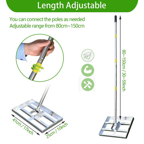 Heavy Duty Lawn Leveling Rake With 17x10 Inch Head And 5 Foot Adjustable Stainless Steel Handle showing length adjustability feature.