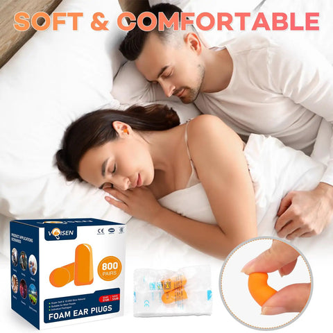 Soft Foam Ear Plugs For Sleeping And Travel, 800 Pairs, 32dB NRR And 37dB SNR, Noise Blocking To Help You Get Some Shuteye, displayed with packaging