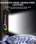 Flat EDC Flashlight Rechargeable With 1800 Lumens RGB And UV Light Magnetic Base attached to metal surface