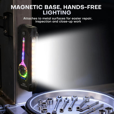Flat EDC Flashlight Rechargeable With 1800 Lumens RGB And UV Light Magnetic Base attached to metal surface