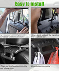 PVC Safety Grip Car Grab Handles For Kids And Seniors Universal Headrest Hook For Trucks SUVs And Cars Black Easy Install Anti Scratch Comfort Grip Design, black PVC headrest hook installed on car seat for support and bag hanging