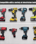 Heavy Duty Power Tool Organizer Gear Set With Pegboard Wall Rack For Cordless Drills Saws And Grinders Stainless Steel Two Prong Hook System Space Saving Storage For Garage Shed Workshop And Home showing cordless drills on pegboard.