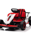 Red and white 24V Ride On Drift Kart with Dual 150W Motors, 10Ah Battery, EVA Tires, Beast Mode, built-in music, max load 110 lbs