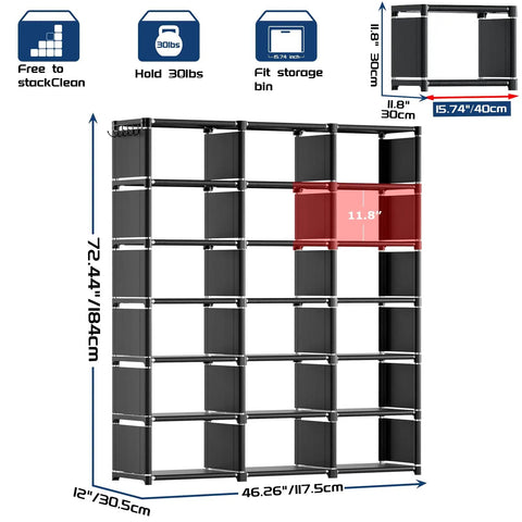 Diagram showing dimensions of 18 Cube Extra Large Book Shelf DIY Cube Storage Organizer For Bedroom Living Room And Home Office In Black Finish