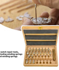 Pro Grade 20 Calibers Watch Mainspring Winder Kit With Barrels And Copper Tools Horology Maintenance Set showing open wooden box