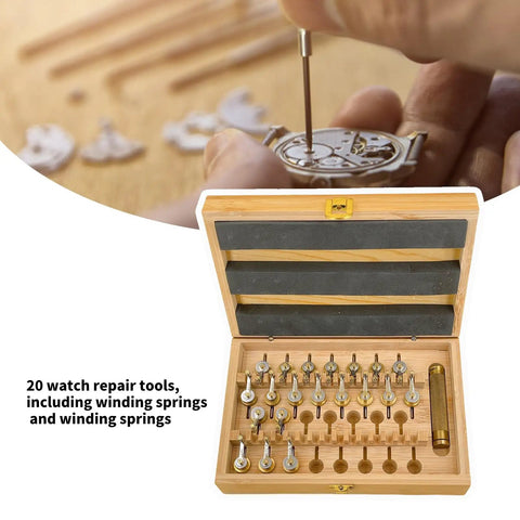 Pro Grade 20 Calibers Watch Mainspring Winder Kit With Barrels And Copper Tools Horology Maintenance Set showing open wooden box