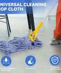 Real Deal Rock Solid Top Shelf Commercial Heavy Duty Wet Mop Heads 6 Pack Looped Cotton String Refills For Tough Industrial Floor Cleaning And High Traffic Spots With Premium Absorbent Yarn being used on a floor.