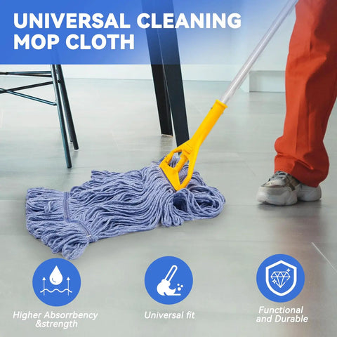 Real Deal Rock Solid Top Shelf Commercial Heavy Duty Wet Mop Heads 6 Pack Looped Cotton String Refills For Tough Industrial Floor Cleaning And High Traffic Spots With Premium Absorbent Yarn being used on a floor.