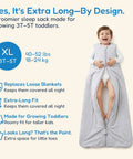 Toddler Sleep Sack 1.0 TOG For 2T 3T 4T, Soft Wearable Blanket Baby Sleep Bag With Two Way Zippers For Safe Sleep, Fluffy Extra Large Sleeping Sack In Grey, Keeps Kids Cozy Safe And Warm All Night. Child wearing extra-long grey sleeping sack with zippers, designed for 3T-5T toddlers, replacing loose blankets.