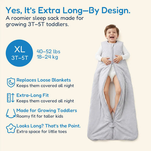 Toddler Sleep Sack 1.0 TOG For 2T 3T 4T, Soft Wearable Blanket Baby Sleep Bag With Two Way Zippers For Safe Sleep, Fluffy Extra Large Sleeping Sack In Grey, Keeps Kids Cozy Safe And Warm All Night. Child wearing extra-long grey sleeping sack with zippers, designed for 3T-5T toddlers, replacing loose blankets.