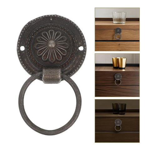 Old School Retro Zinc Alloy Pull Handles Set 12 Pieces Antique Drop Ring Cabinet Knobs For Wardrobe Dressers Drawers Jewelry Boxes European Style Furniture Hardware shown with wood cabinets.