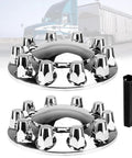 33mm Chrome Front Axle Wheel Covers For Semi Trucks ABS Plastic Hub Caps With Screw On Lug Nut Covers shown with tool