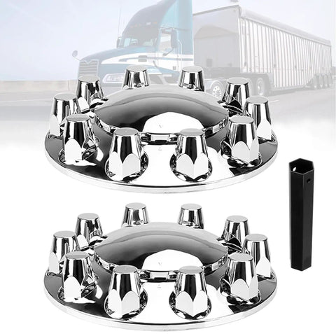33mm Chrome Front Axle Wheel Covers For Semi Trucks ABS Plastic Hub Caps With Screw On Lug Nut Covers shown with tool