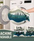 Six Pack RV Dinette Cushion Covers Set Mountain Theme with pillowcases in front of washing machine