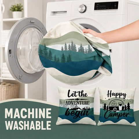 Six Pack RV Dinette Cushion Covers Set Mountain Theme with pillowcases in front of washing machine