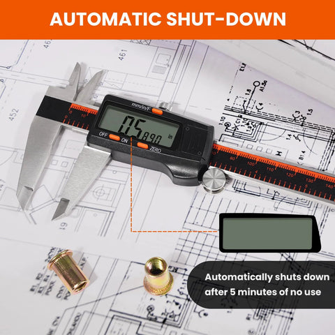 HARDELL digital caliper with large LCD screen on a stainless steel body and orange measurement scale.