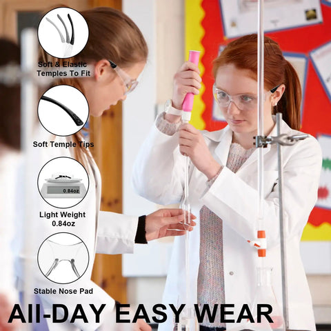 Students in a lab wearing Bulk Safety Glasses Pack 120 Mixed Clear And Sunglasses ANSI Z87.1 Eye Protection for Construction Outdoor Work and Sports Scratch and Impact Resistant Eyewear for Men and Women.