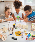 Kids building Five In One Hands On STEM Robot Kit For Kids Aged 8 To 12 With Wood Building Crafts For Boys And Girls in classroom.