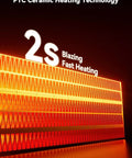PTC Ceramic Heating Technology sign with '2s Blazing Fast Heating' text, promoting Portable 450W Plug In Heater With Remote
