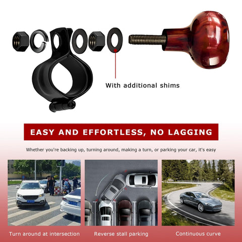 Woodgrain Steering Wheel Spinner Knob for Cars and Trucks with shims, promoting easy one-hand control and precision steering.