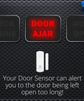 LoRa Smart Door Sensor Starter Kit With SpeakerHub Audio Hub and two door sensors under "DOOR AJAR" sign, alert display