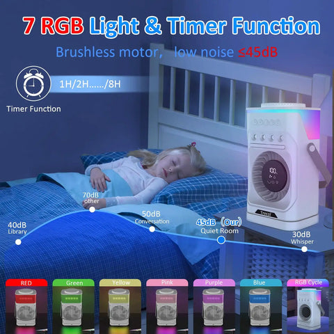 Sleeping child beside Four In One Portable Misting Fan With Rechargeable 10000mAh Battery, 7 Color Ambient Lights