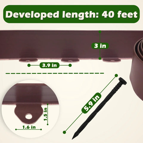Landscape Edging Kit No Dig Garden Border 40 Foot Long 3 Inch Tall Brown Polymer Edging detail with dimensions and spike