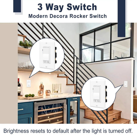 2 Pack Dimmer Light Switch Featuring Single Pole And Three Way Circuits Smooth Sailing Flicker Control Real Deal Sturdiness includes modern decora rocker switches in stylish kitchen.
